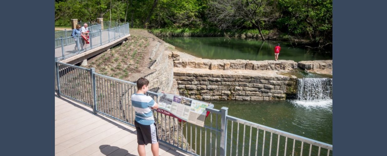 dam and trail walkway at Historic Water Station Park in Allen, TX